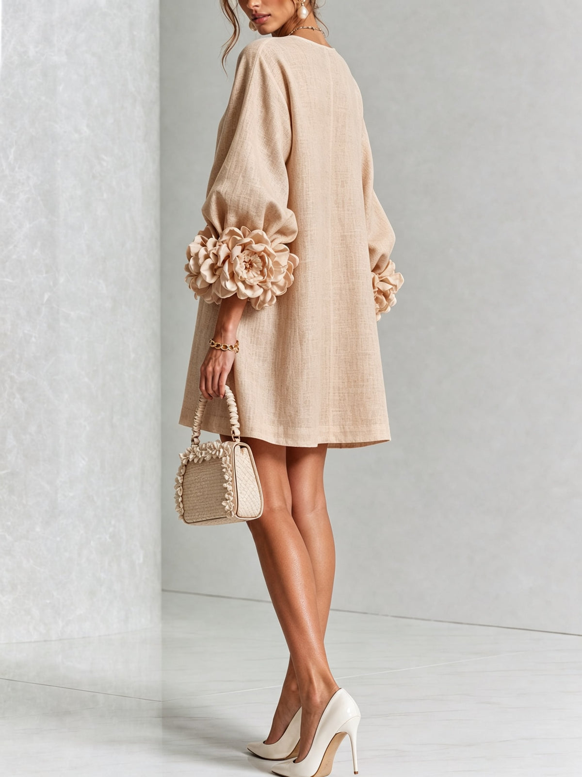 Women's Button Front Rosette Sleeve Mini Dress | Rookwood_25