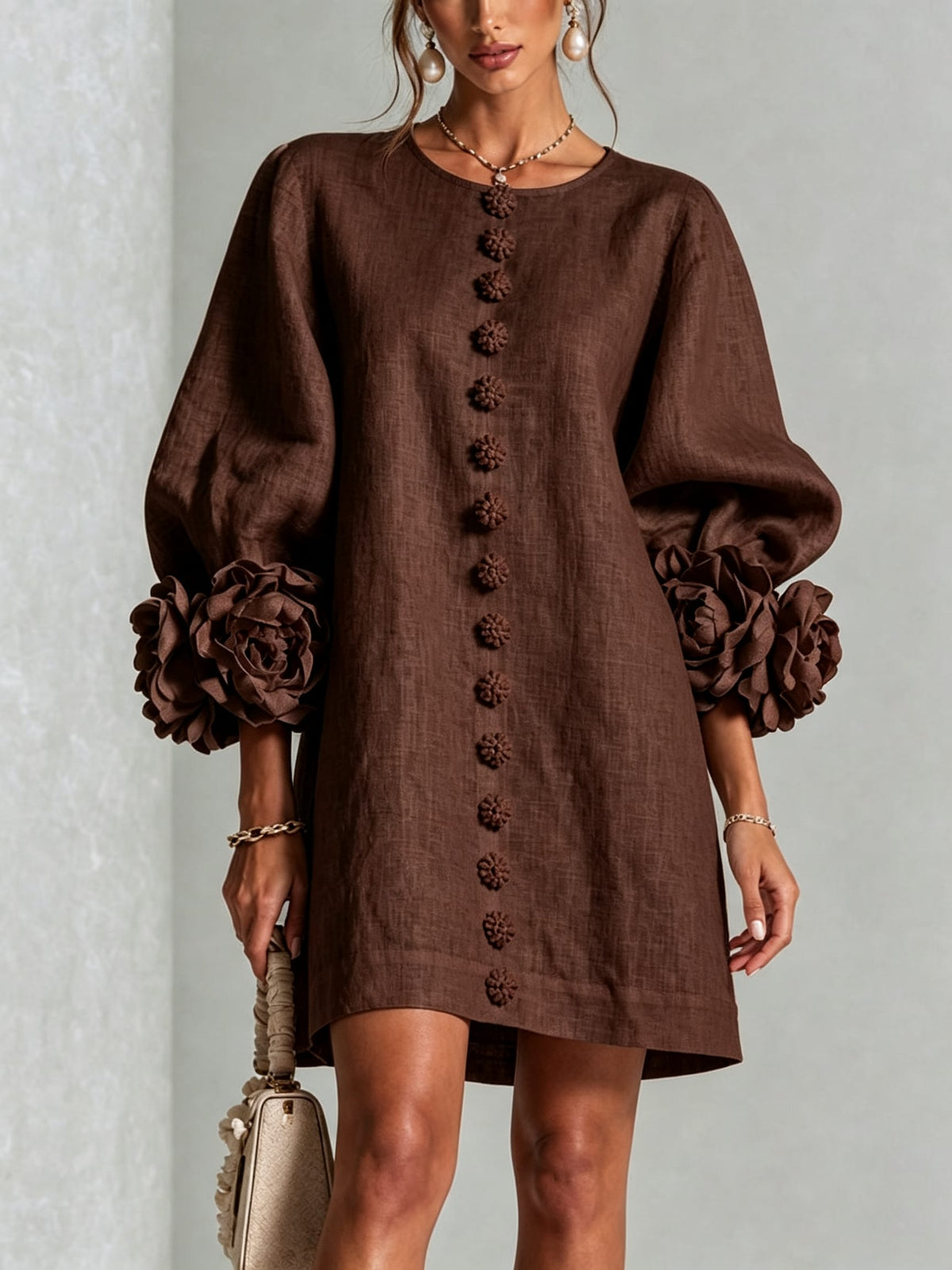 Women's Button Front Rosette Sleeve Mini Dress | Rookwood_27