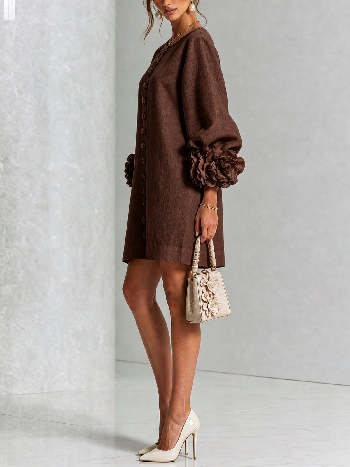 Women's Button Front Rosette Sleeve Mini Dress | Rookwood_28