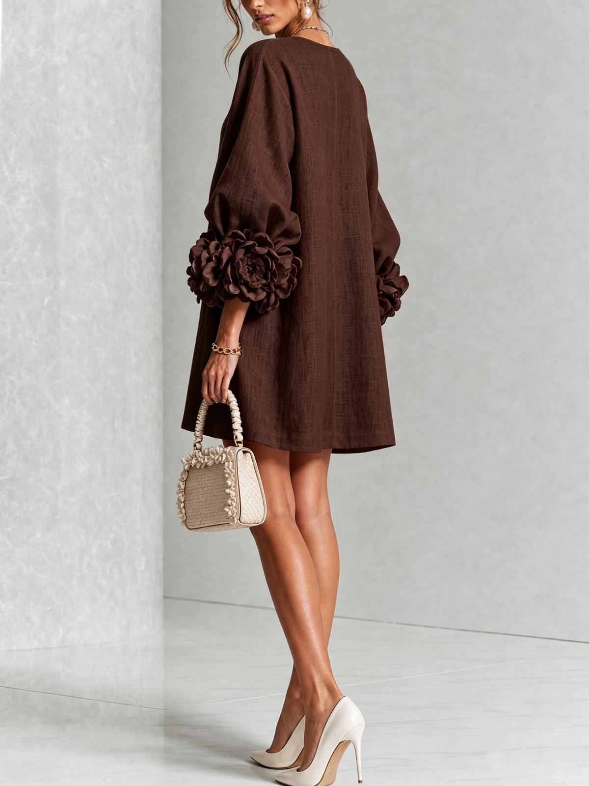 Women's Button Front Rosette Sleeve Mini Dress | Rookwood_29