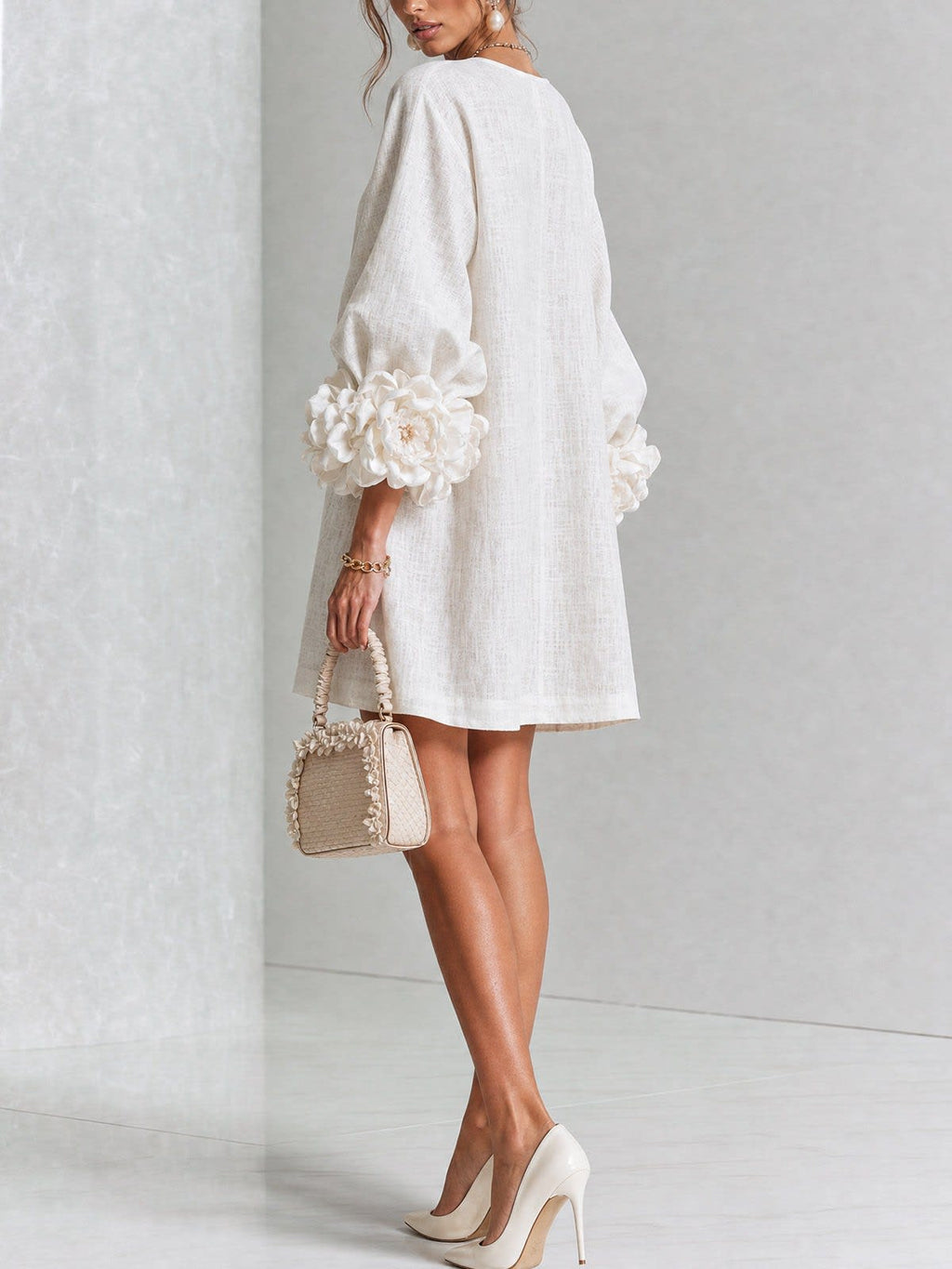 Women's Button Front Rosette Sleeve Mini Dress | Rookwood_3