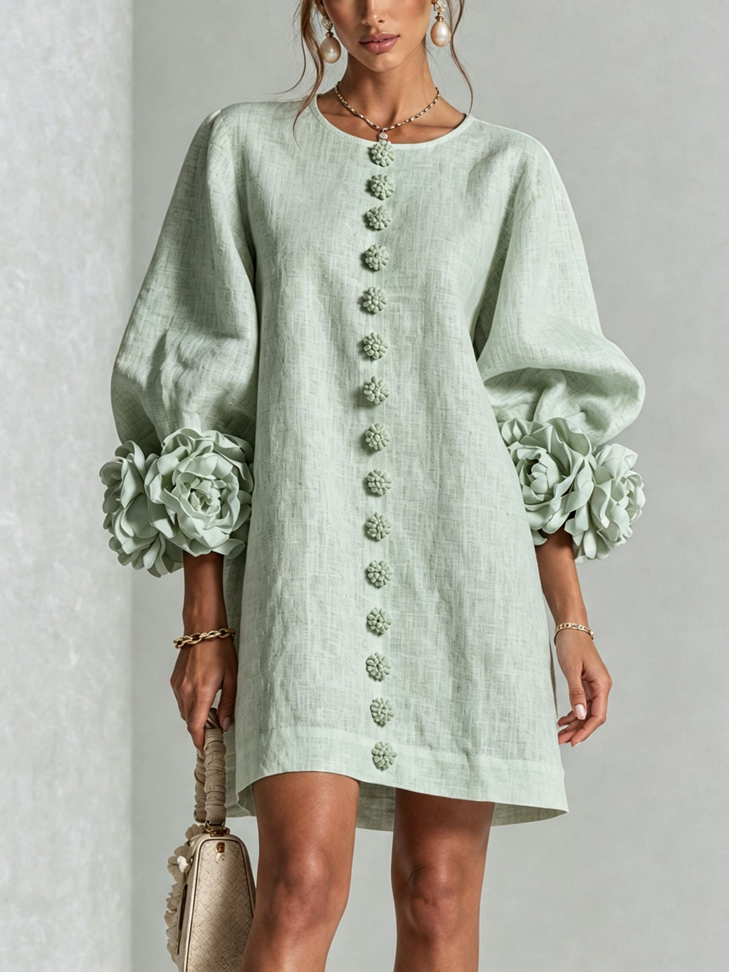 Women's Button Front Rosette Sleeve Mini Dress | Rookwood_31