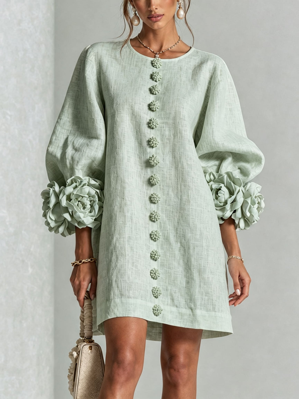 Women's Button Front Rosette Sleeve Mini Dress | Rookwood_31