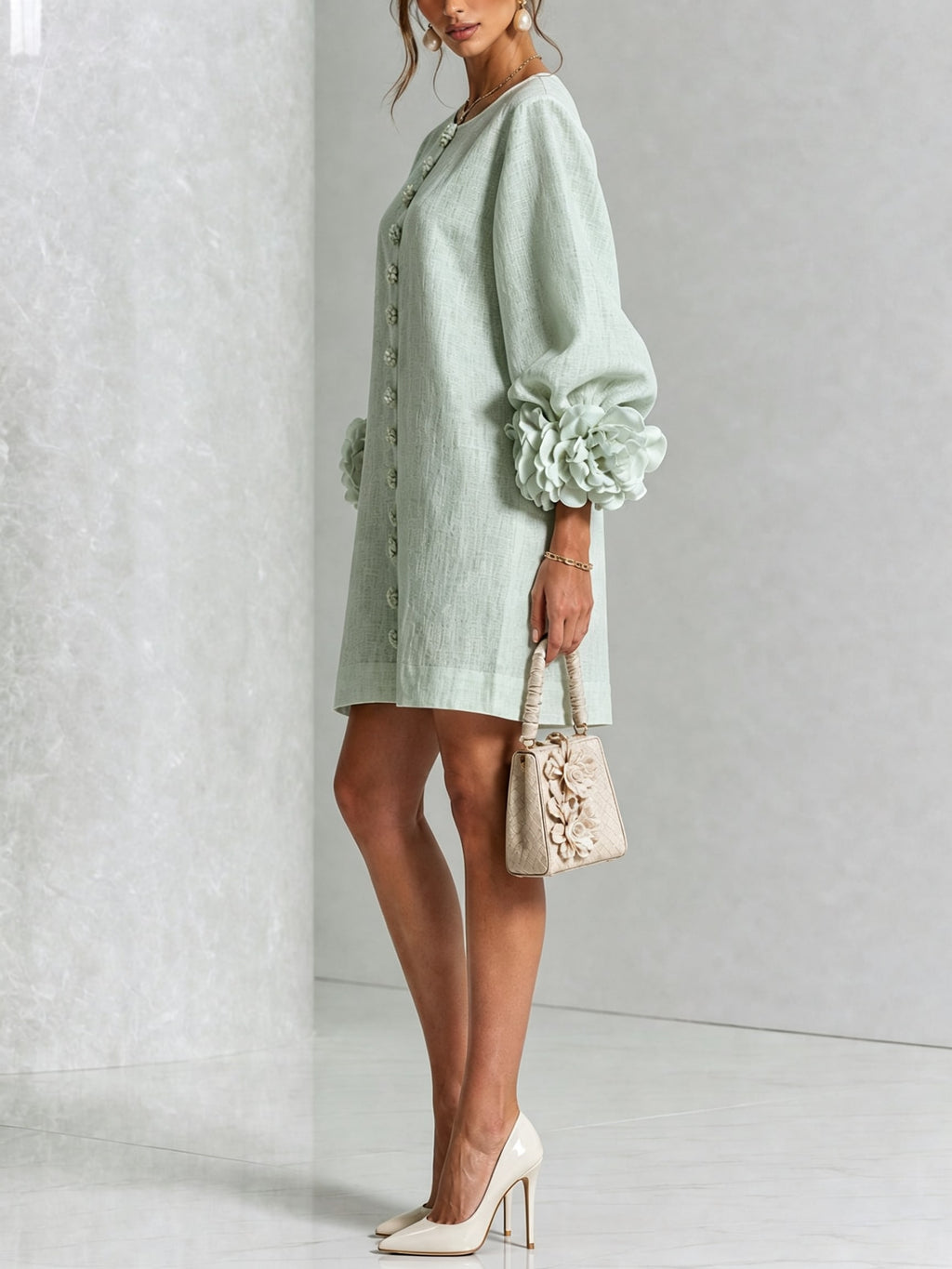 Women's Button Front Rosette Sleeve Mini Dress | Rookwood_32