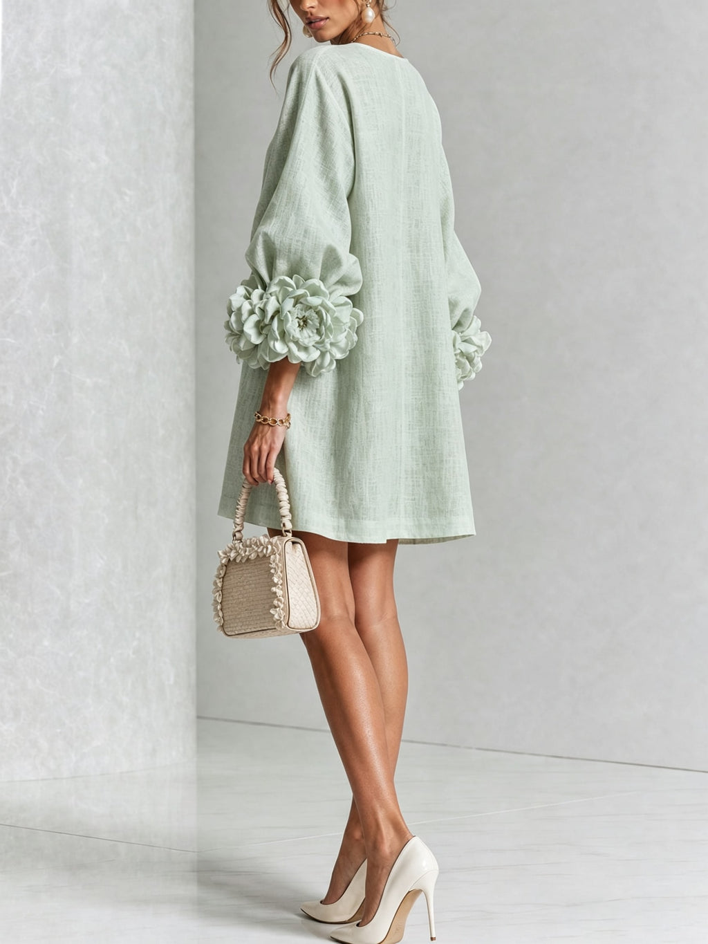 Women's Button Front Rosette Sleeve Mini Dress | Rookwood_33