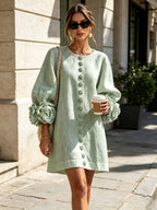 Women's Button Front Rosette Sleeve Mini Dress | Rookwood_34
