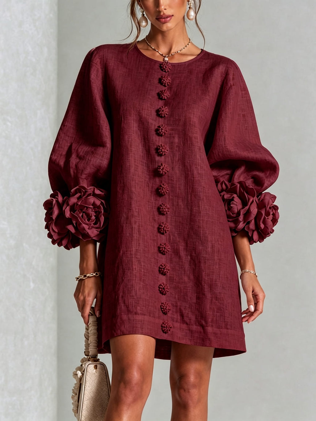 Women's Button Front Rosette Sleeve Mini Dress | Rookwood_35