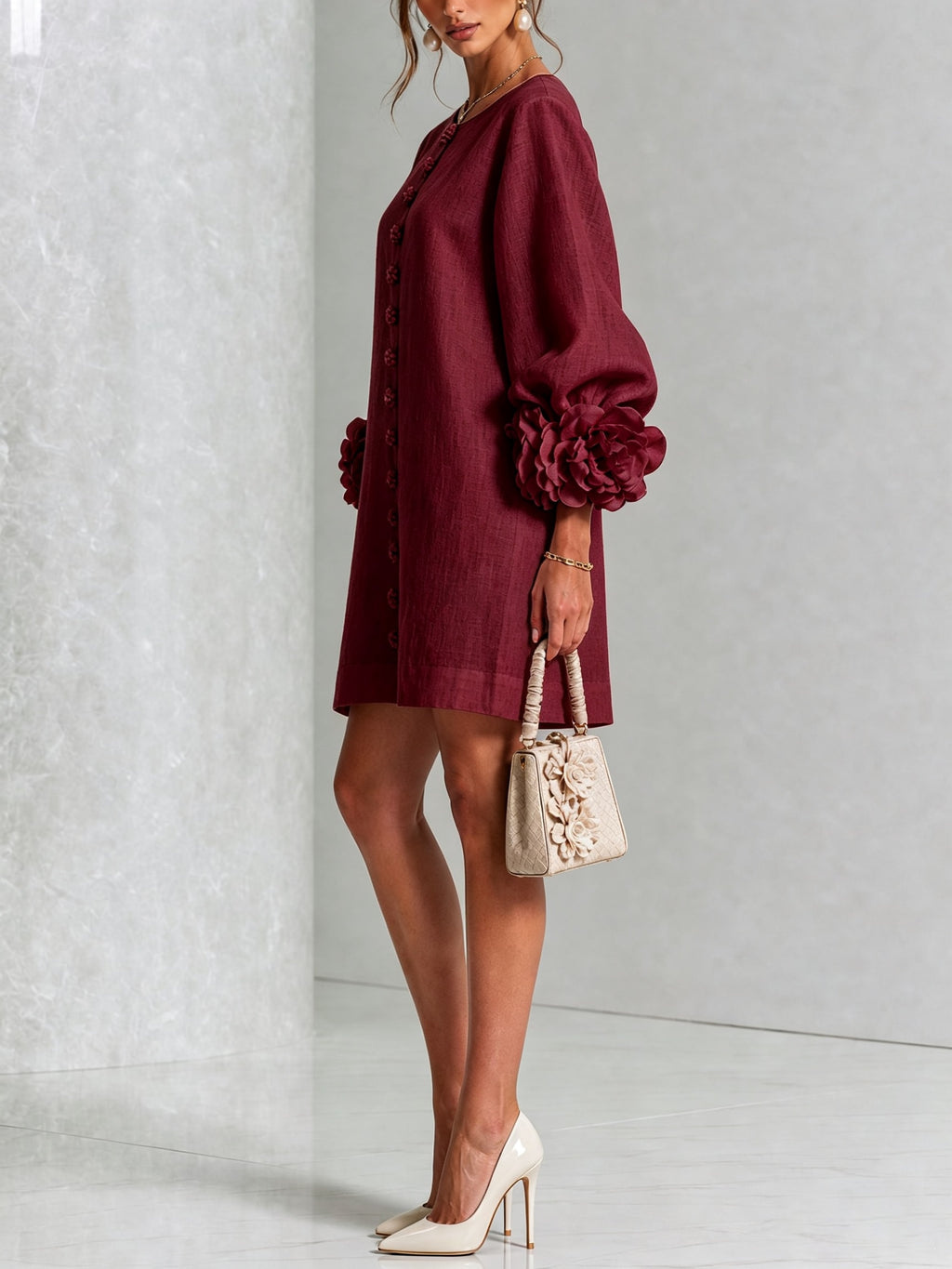Women's Button Front Rosette Sleeve Mini Dress | Rookwood_36