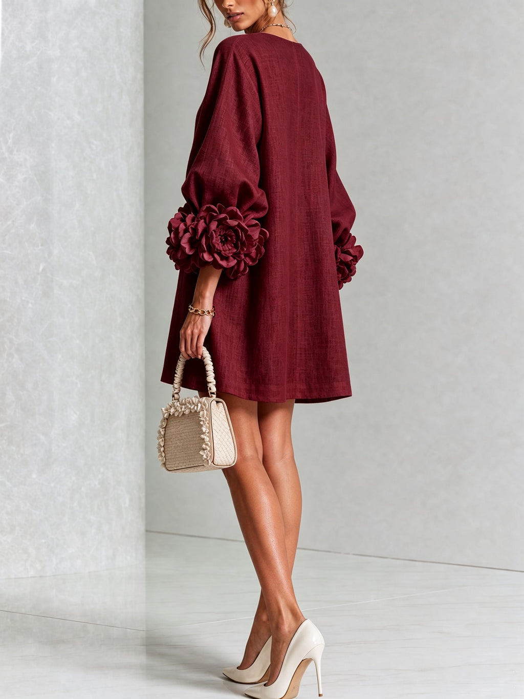 Women's Button Front Rosette Sleeve Mini Dress | Rookwood_37
