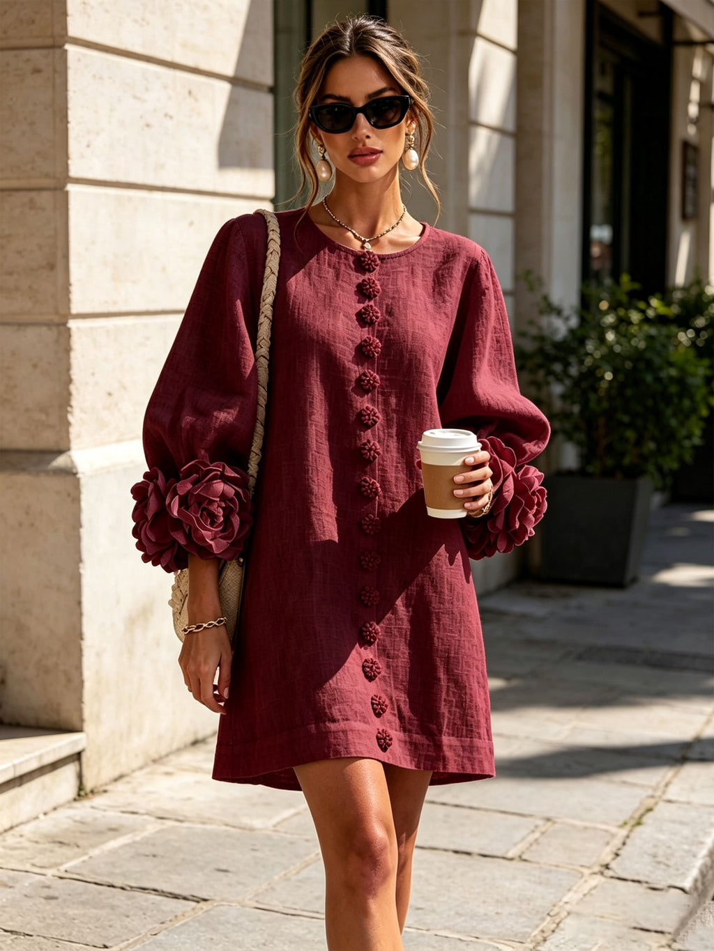 Women's Button Front Rosette Sleeve Mini Dress | Rookwood_38