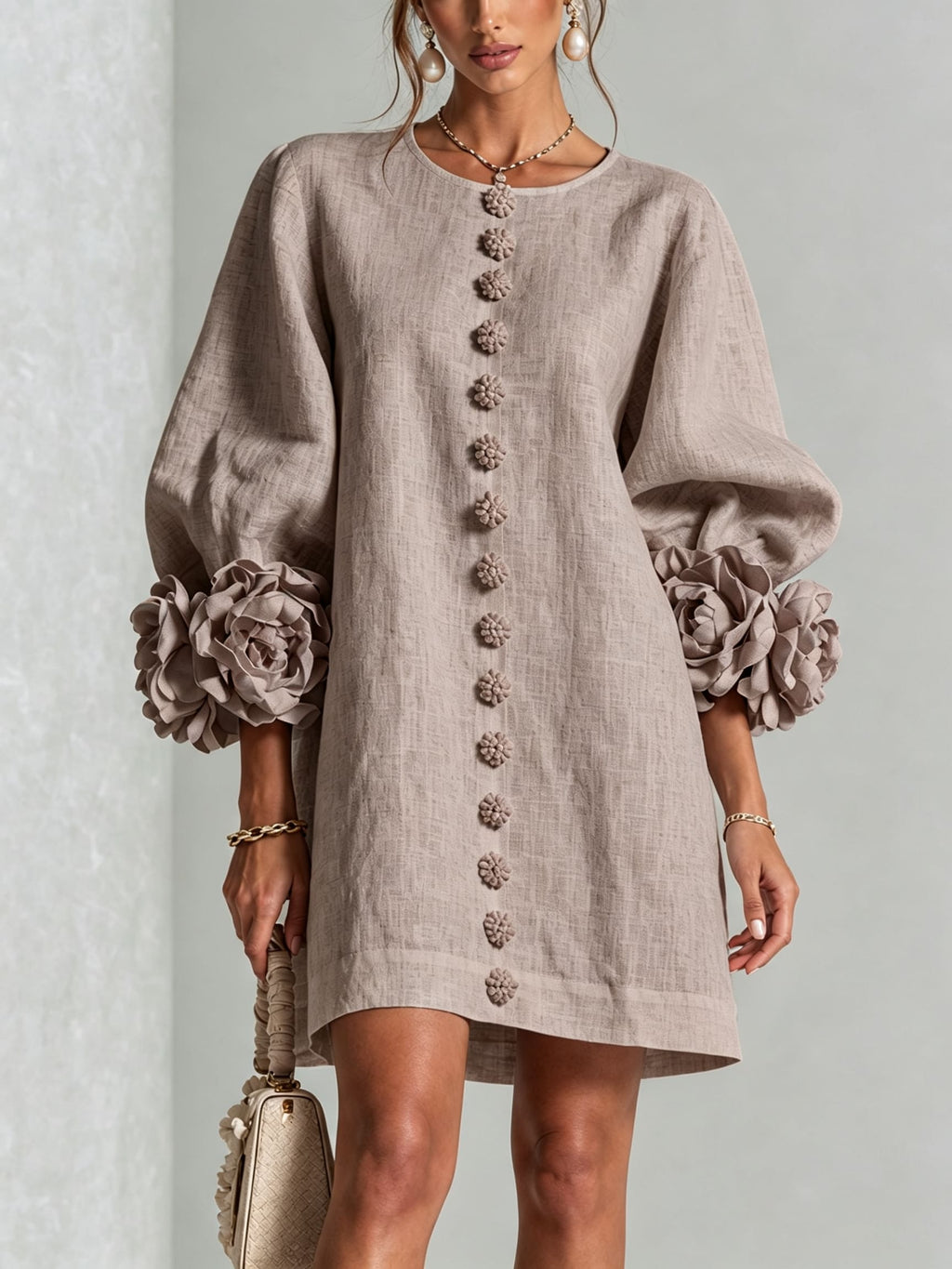 Women's Button Front Rosette Sleeve Mini Dress | Rookwood_39