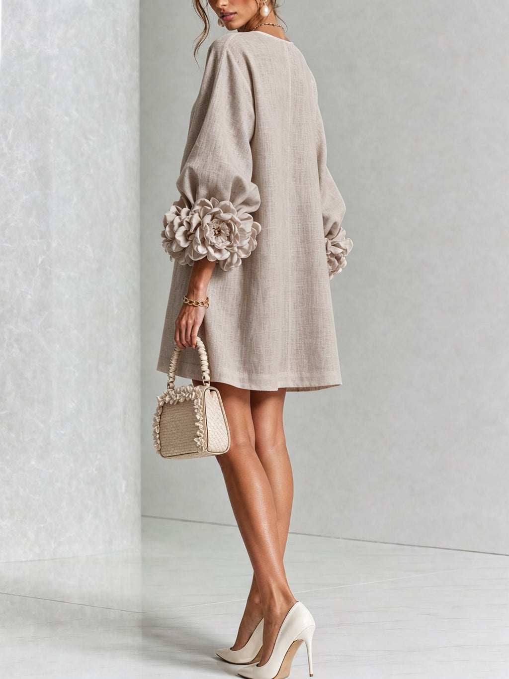 Women's Button Front Rosette Sleeve Mini Dress | Rookwood_41