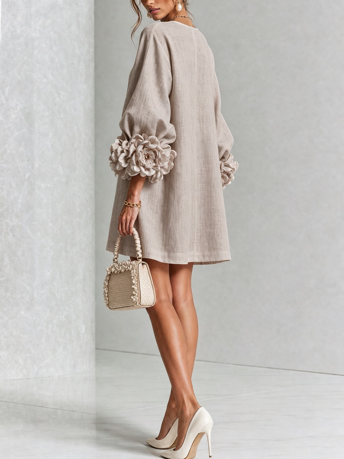 Women's Button Front Rosette Sleeve Mini Dress | Rookwood_41