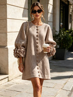 Women's Button Front Rosette Sleeve Mini Dress | Rookwood_42