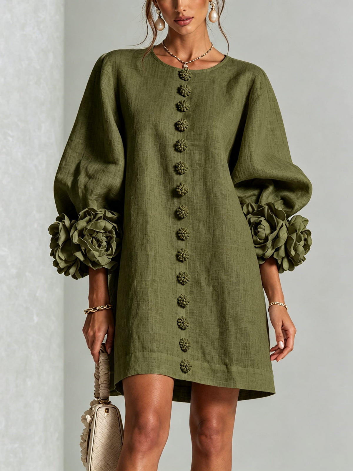 Women's Button Front Rosette Sleeve Mini Dress | Rookwood_7