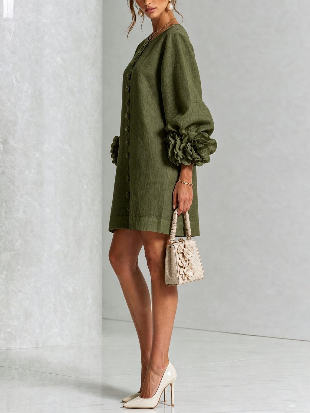 Women's Button Front Rosette Sleeve Mini Dress | Rookwood_8
