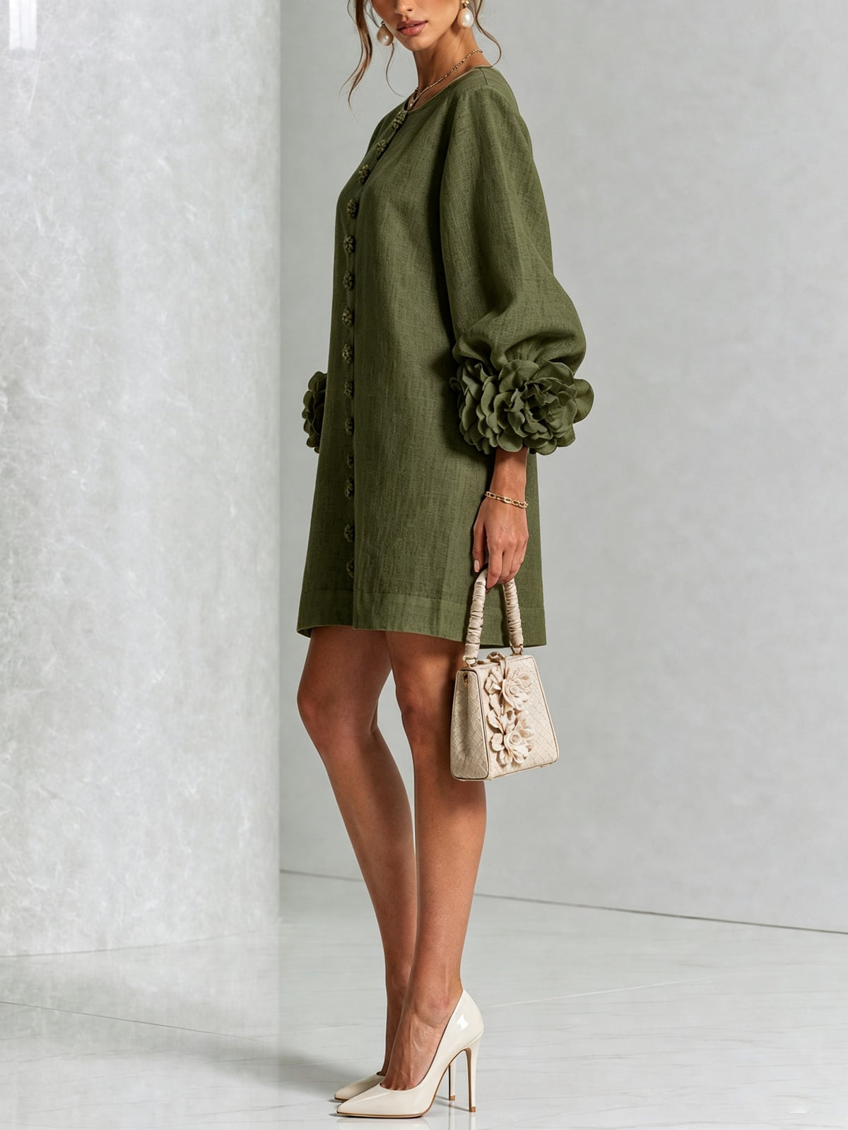 Women's Button Front Rosette Sleeve Mini Dress | Rookwood_8