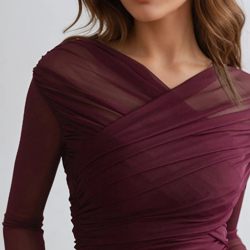 Women's Ruched Mesh Long Sleeve Top | Eirwen_1