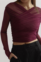 Women's Ruched Mesh Long Sleeve Top | Eirwen_2