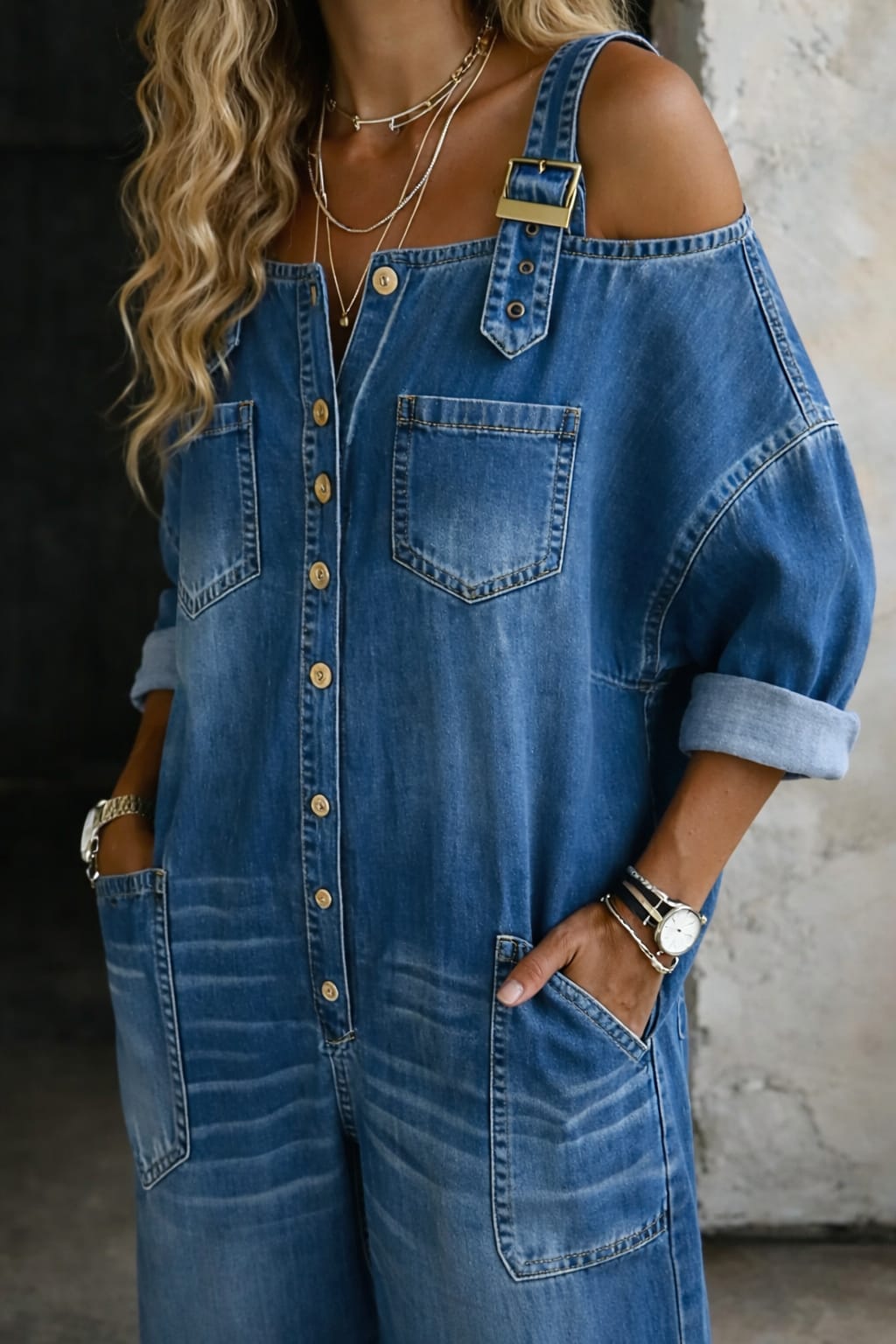 Women's Cold Shoulder Denim Jumpsuit | Blythe_2