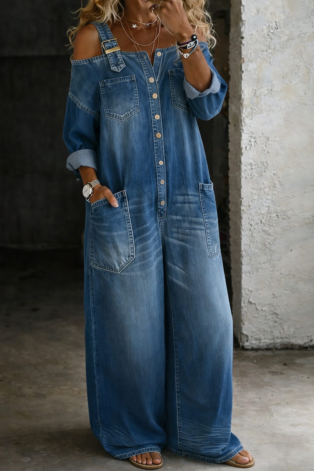 Women's Cold Shoulder Denim Jumpsuit | Blythe_4