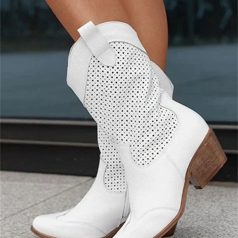 Holly Perforated Block Heel Western Cowgirl Boots