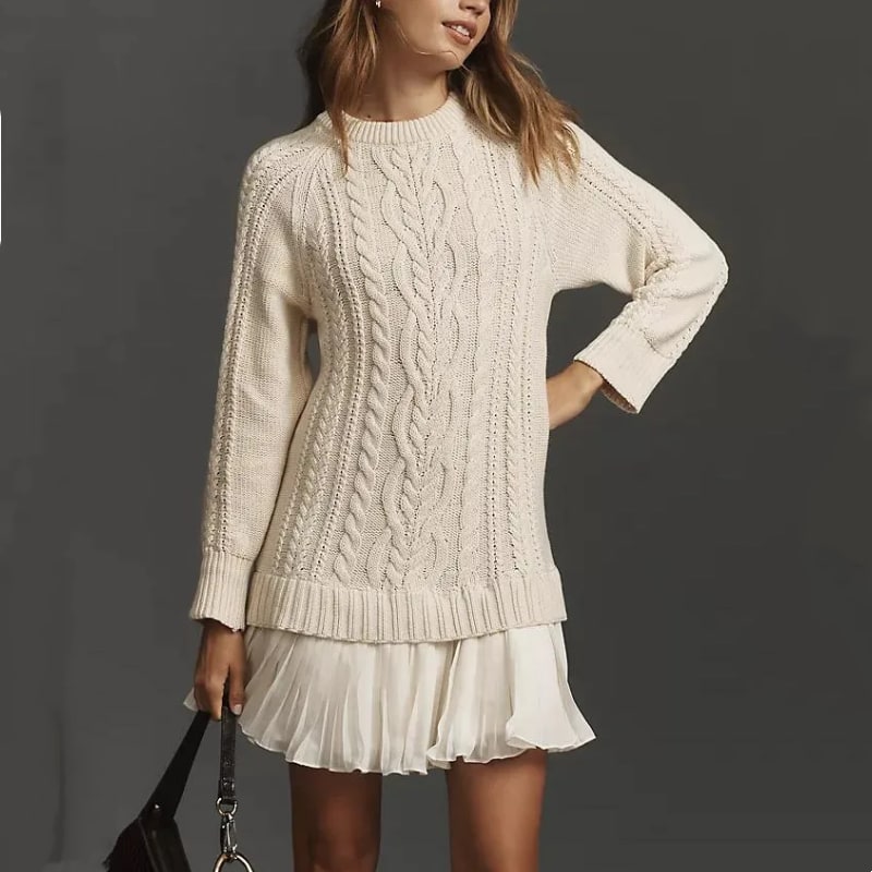 Women's Cable Knit Pleated Sweater Dress | Hallaton_5