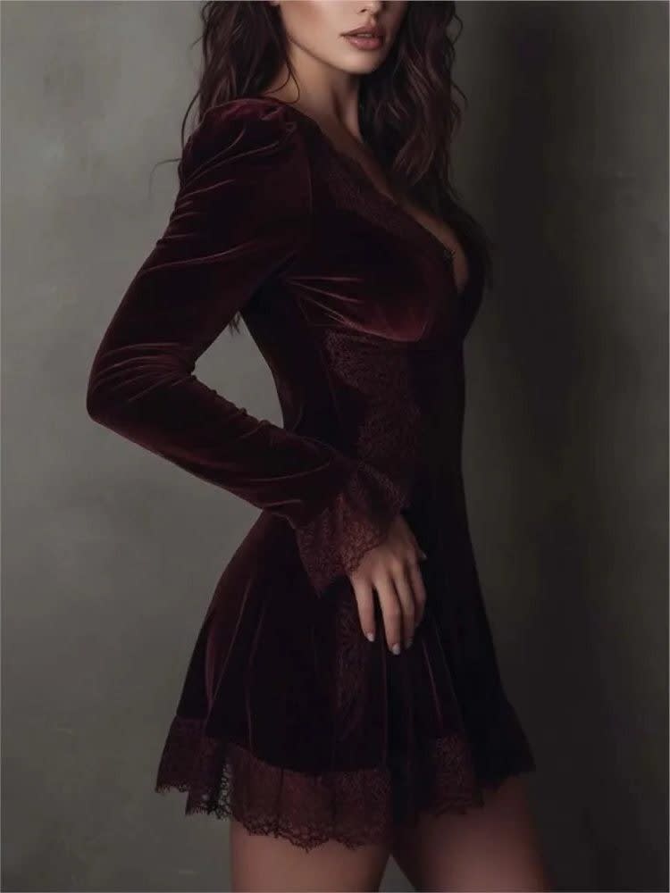 Women's Lace Trim Velvet Mini Dress | Blakeney_4
