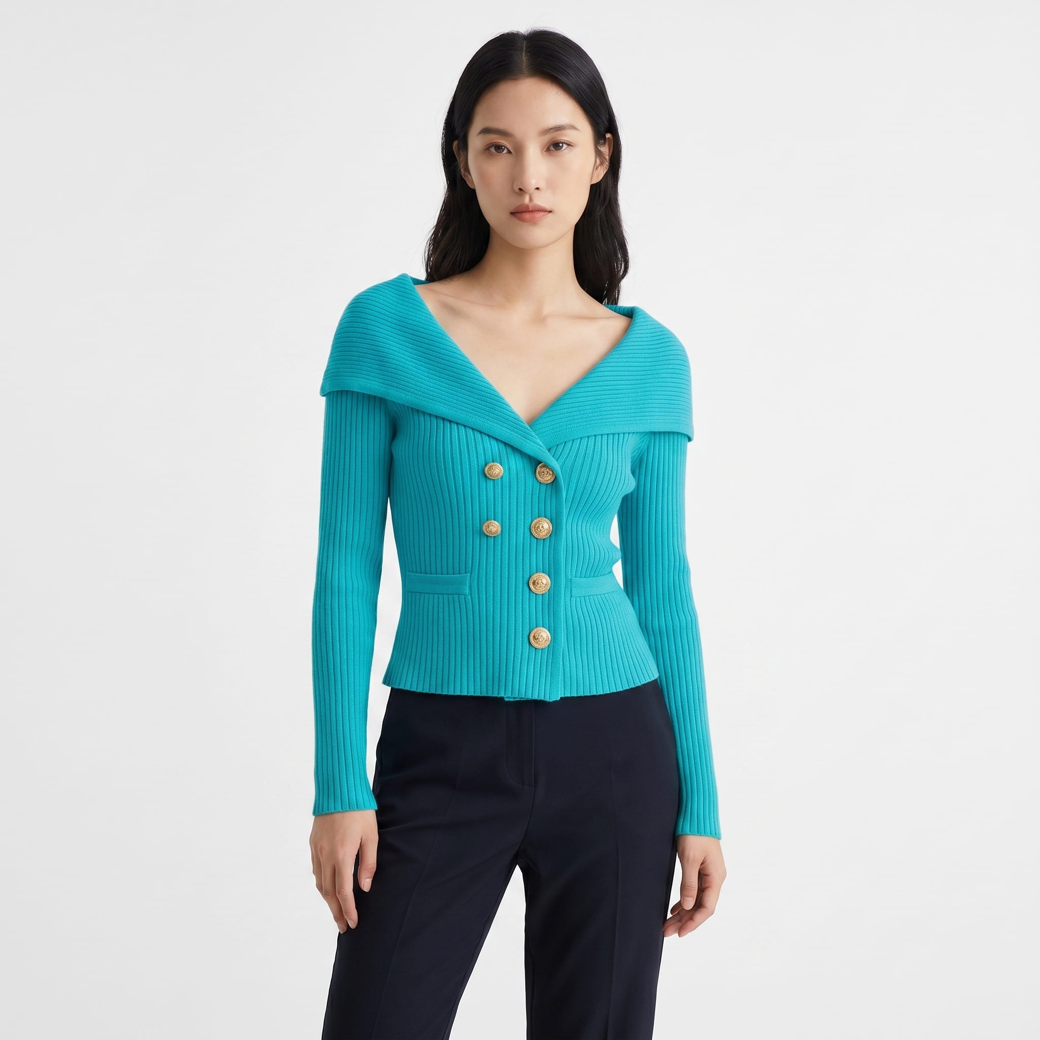 Women's Gold Button Ribbed Cardigan | Georgiana_2