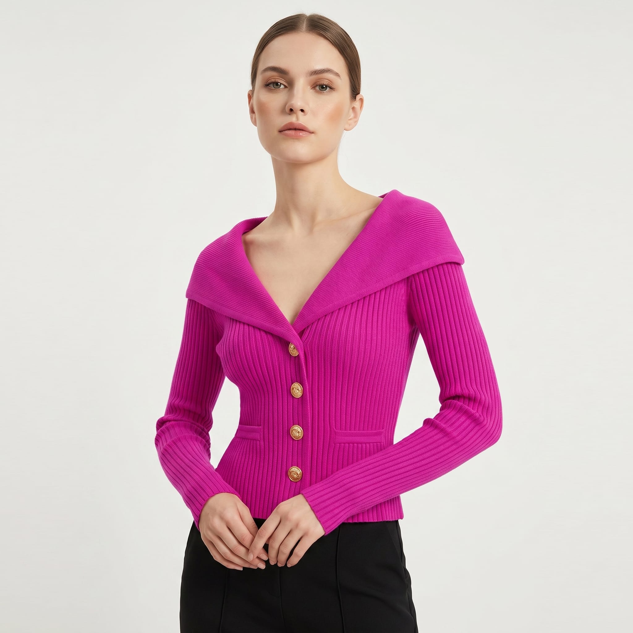 Women's Gold Button Ribbed Cardigan | Georgiana_4