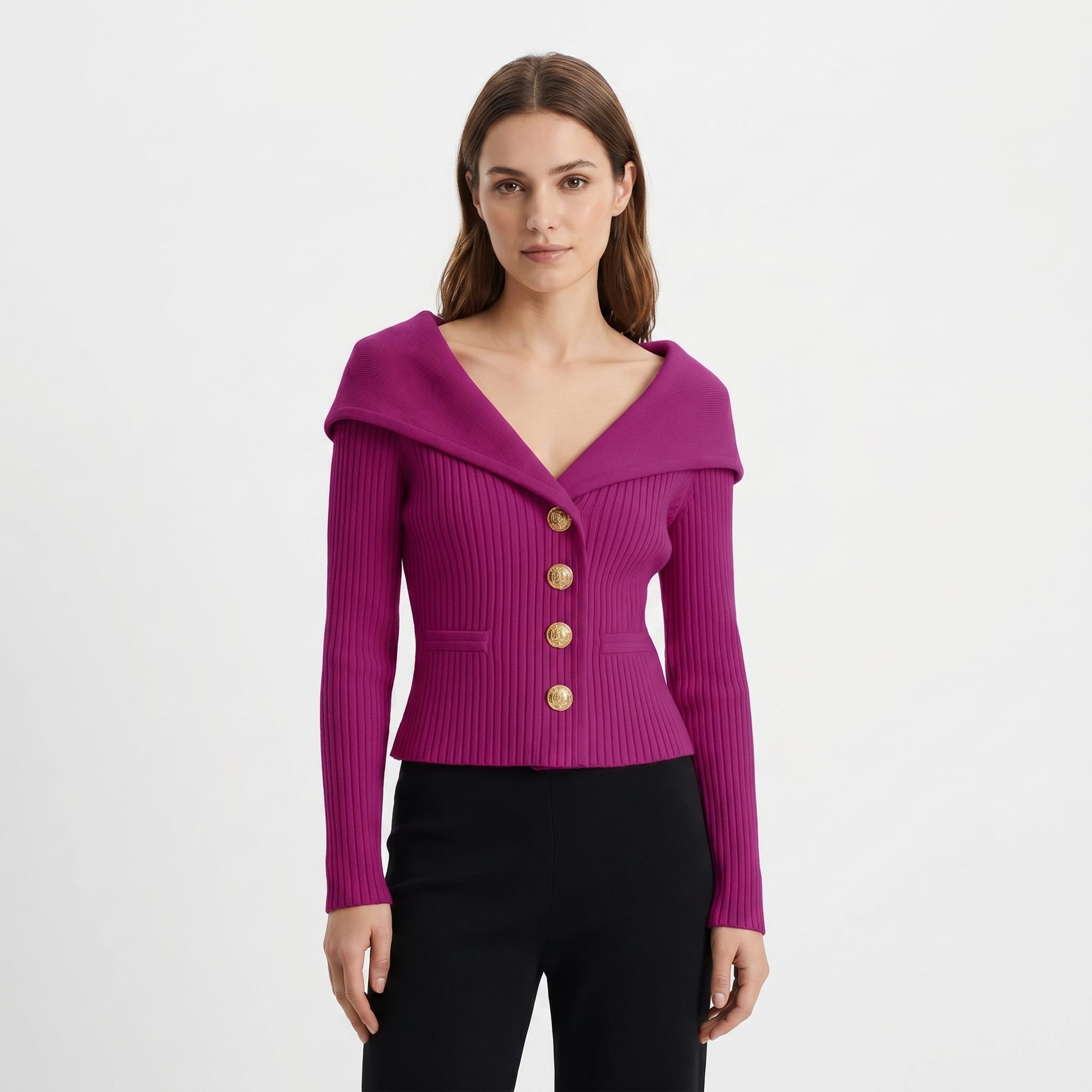 Women's Gold Button Ribbed Cardigan | Georgiana_5