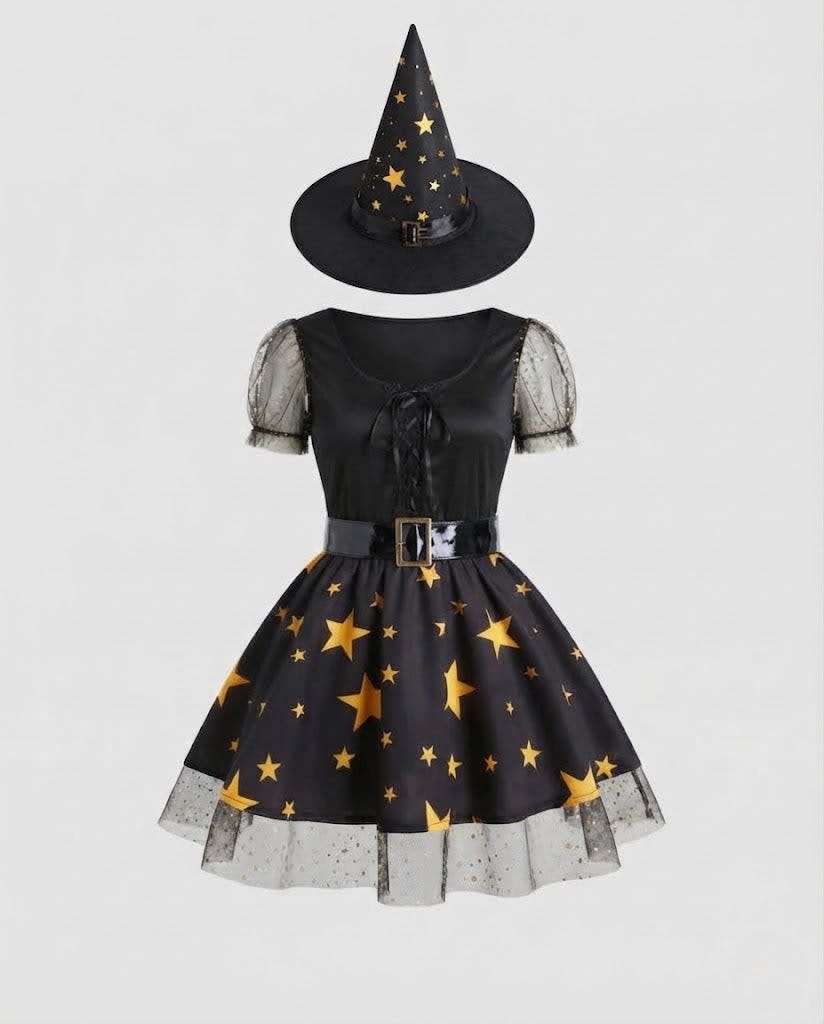Women's Star Print Satin Witch Costume Dress | Hinderwell_4